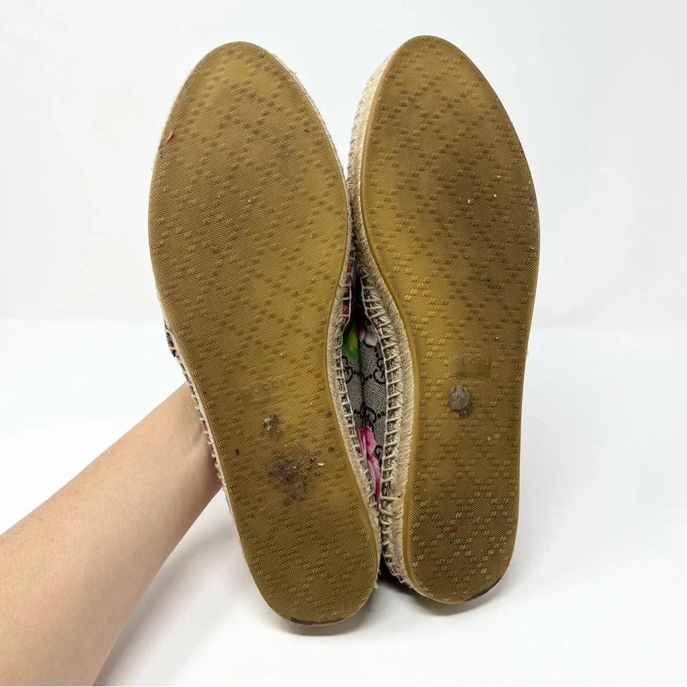 Gucci GG Double G Monogram Pink Bloom Floral Flat Espadrilles Shoes Tan 41 11